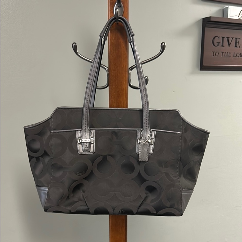 Coach Black Signature Jacquard Tote with Leather Trim
